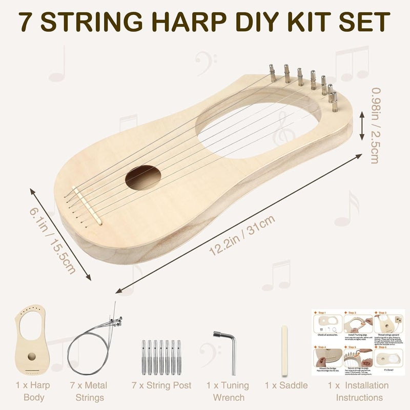 GOGHOST Lyre Harp 7 String DIY Kit, Wooden Instrument Kit Handmade with Basswood Body Strings Tuning Wrench Saddle Bridge Pins, Easy Assembly for Beginners and DIY Enthusiasts - Image 2